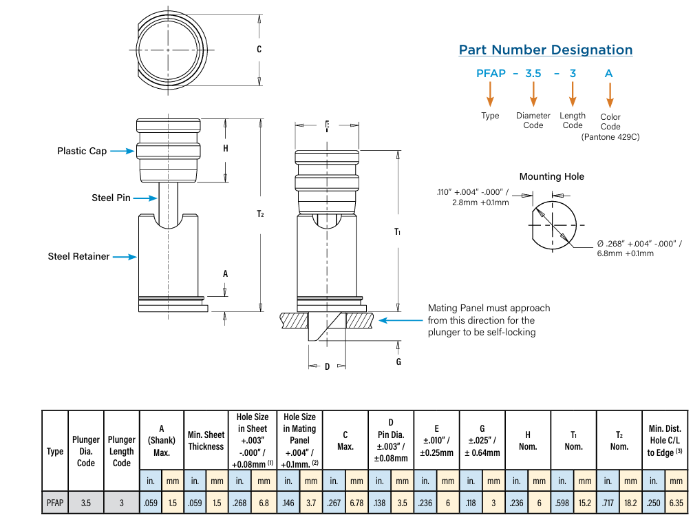 Mechanical Drawing - PEM PFAP™ Auto-Lock Plunger
